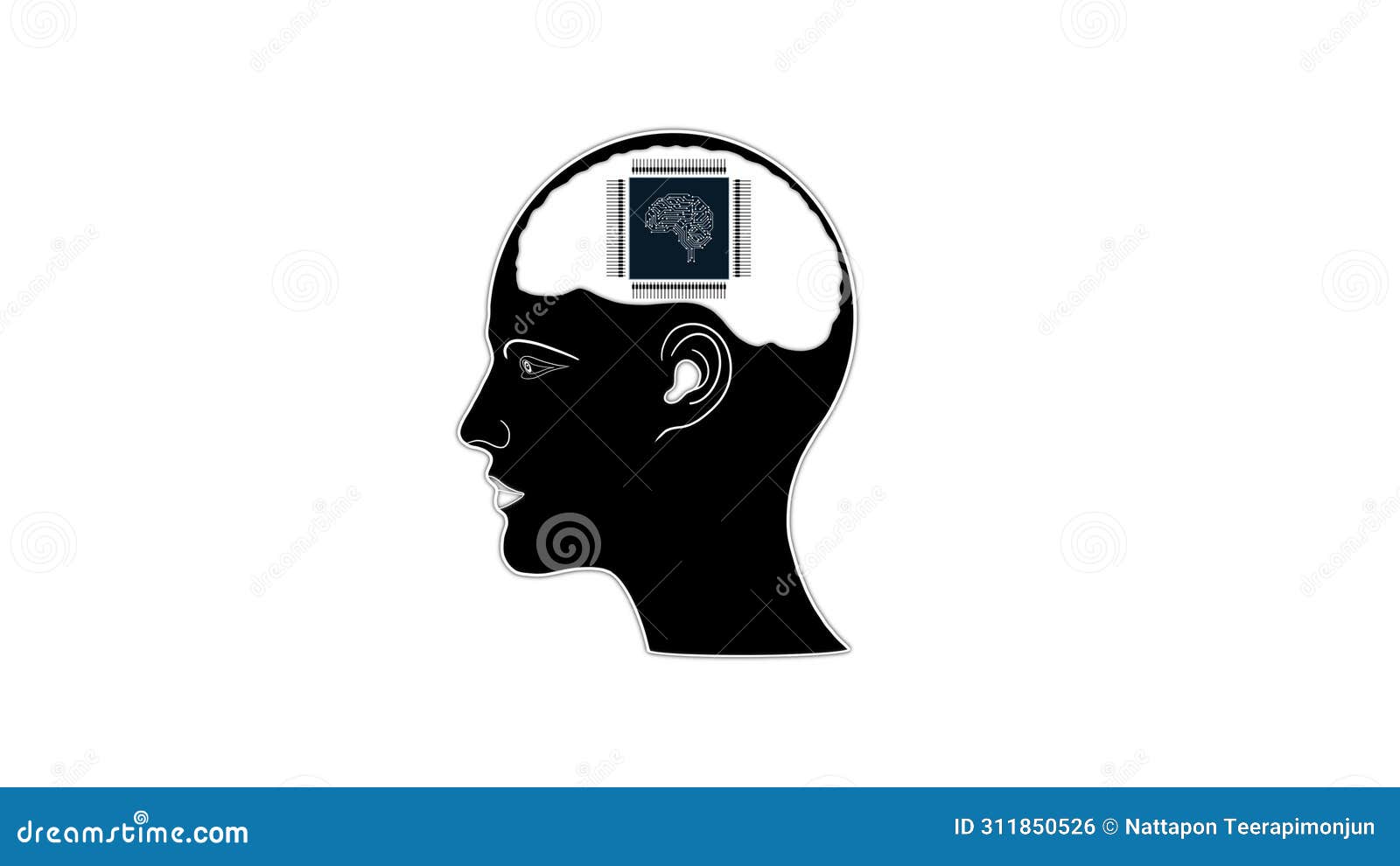 human brain and computer chip, head with implanted micro chip. brain-computer interface